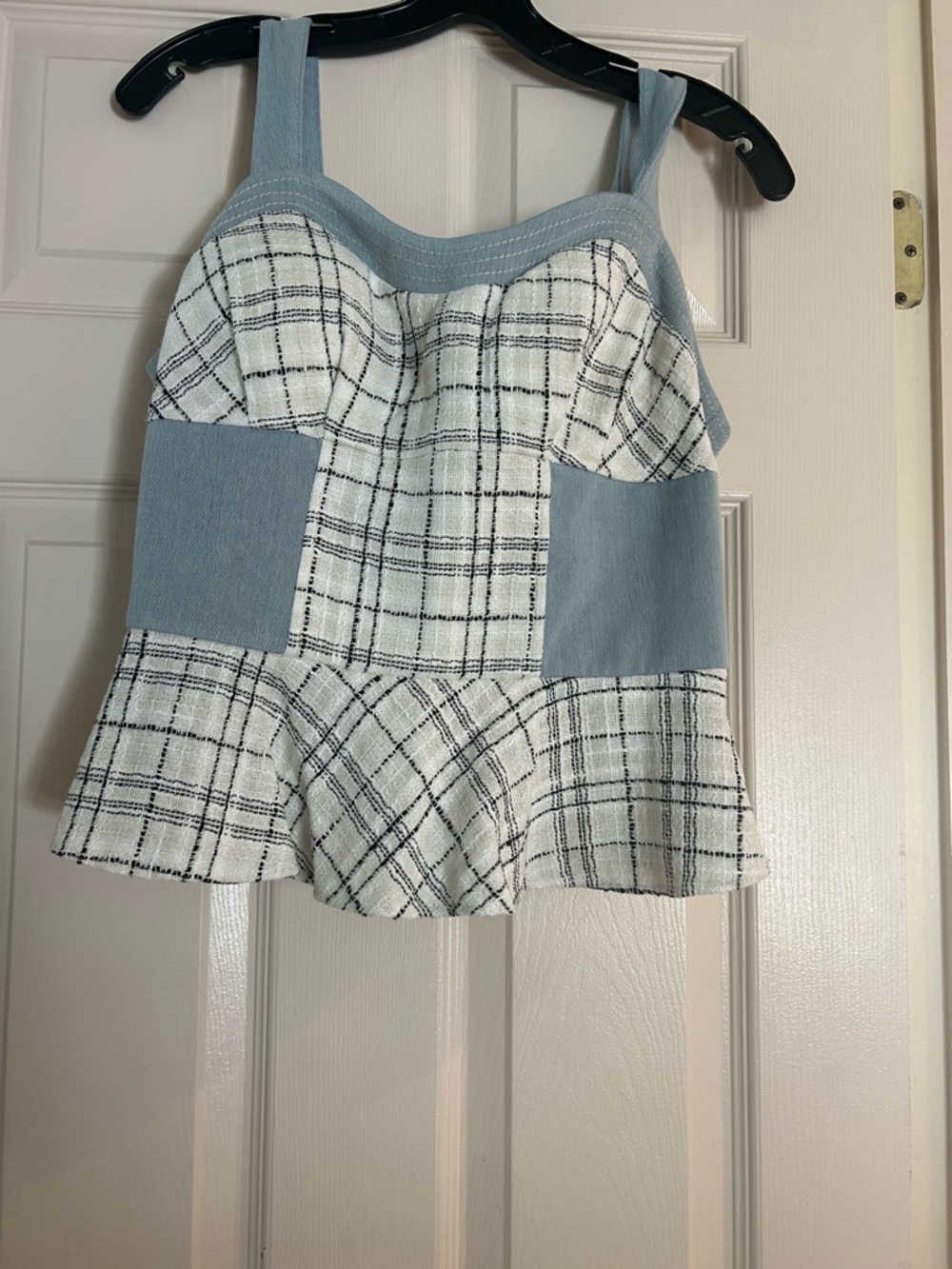 C. Wonder Light Blue Denim and White Plaid Peplum Camisole.